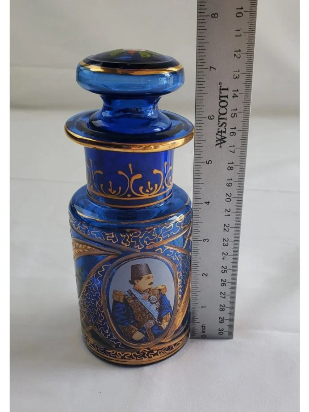 Vtg Cobalt Russian Blue Decanter w/ Etched Gold Flower w/ Stopper Tole Painted